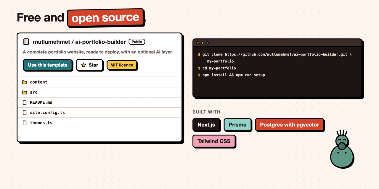 Free and open source: the mutlumehmet/ai-portfolio-builder repo with an MIT licence and a Use this template button, the clone and setup commands, and the stack