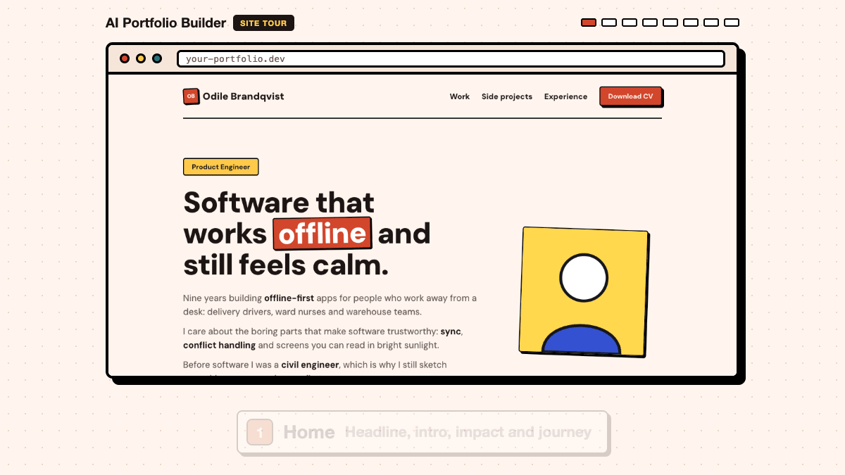 A tour of every page with the sample content: home, selected work, a project page, side projects, experience, FAQ, the admin panel and the AI chat