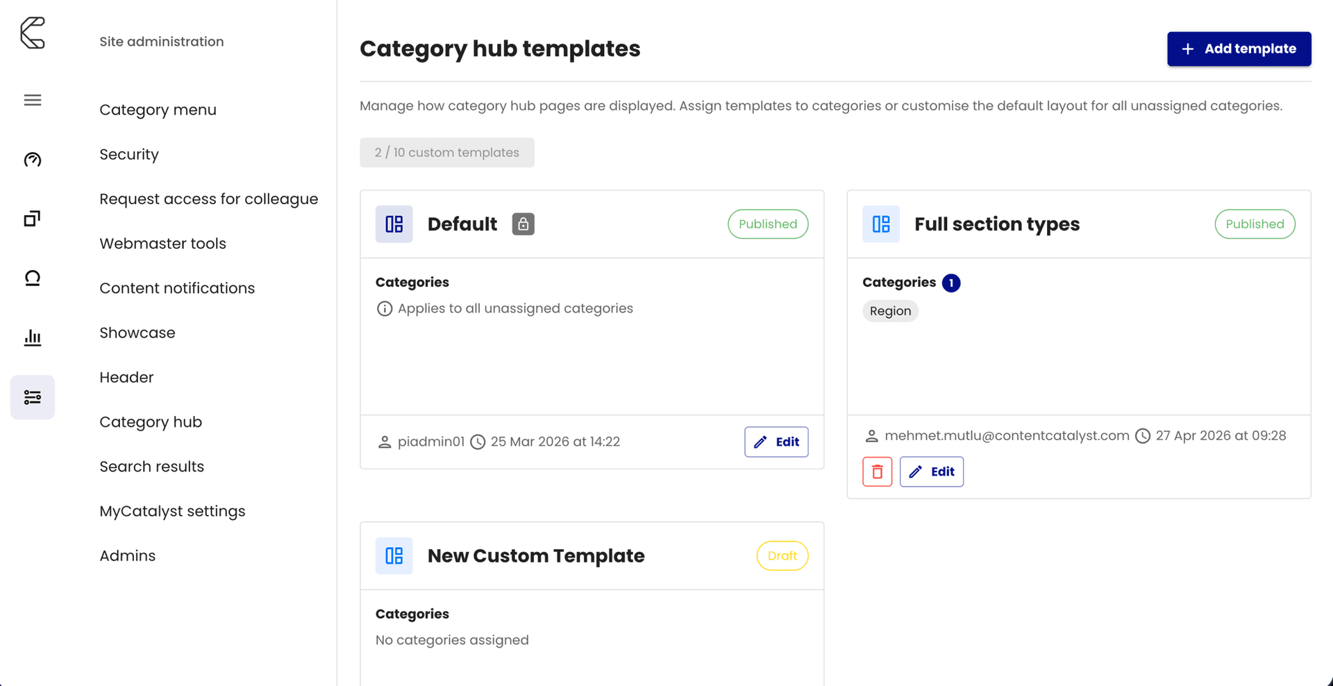 Category hub templates admin screen, showing Default and custom templates
