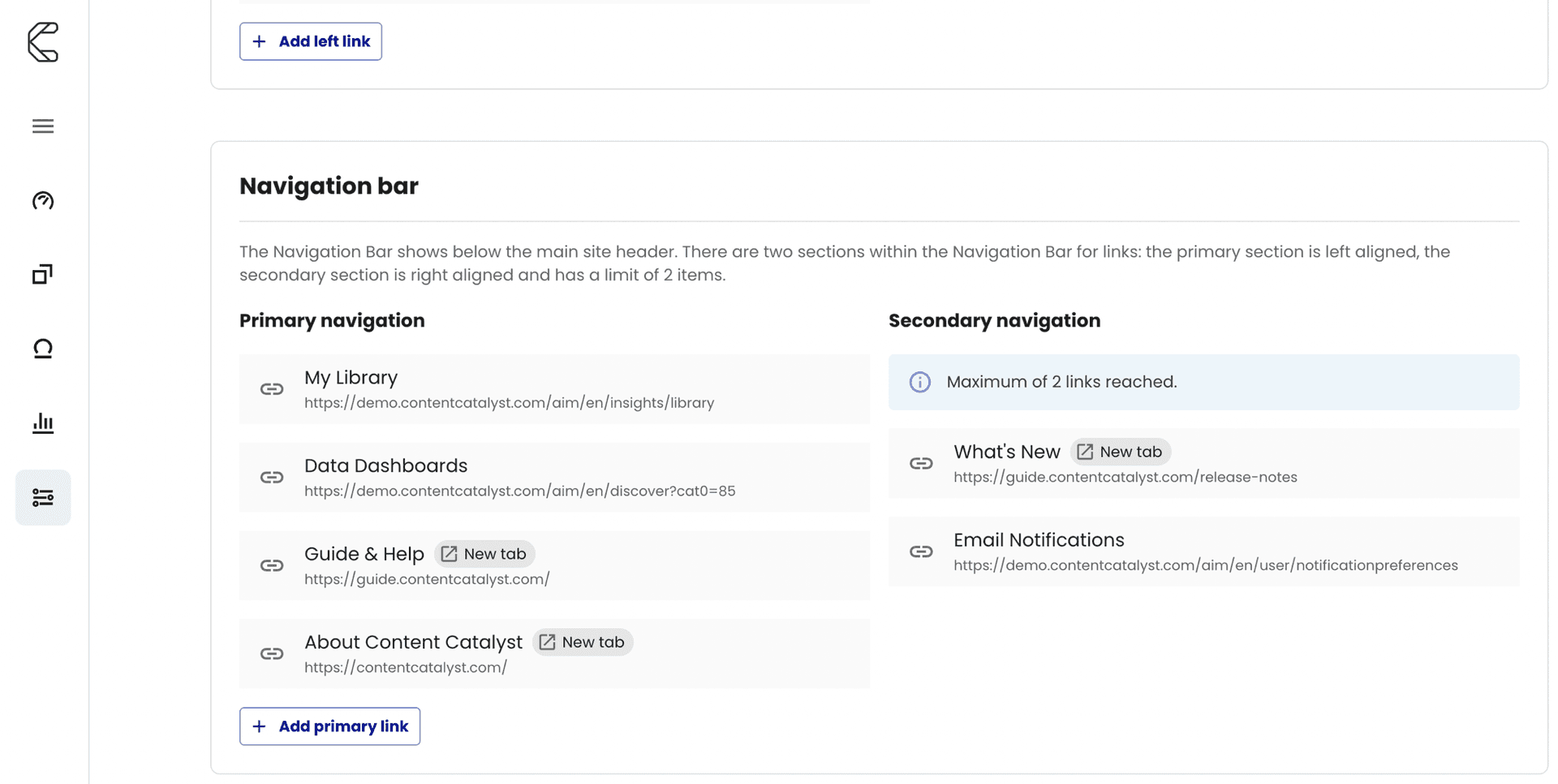 Header builder admin screen, configuring primary and secondary navigation links
