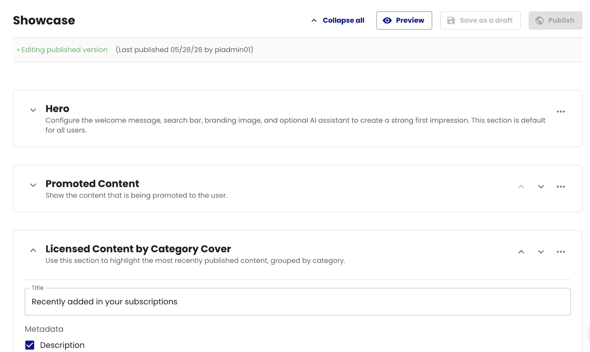 Showcase page builder admin screen, showing Hero, Promoted Content, and Licensed Content by Category Cover blocks