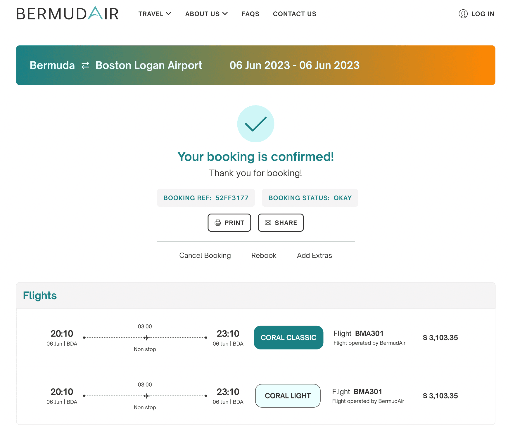 BermudAir booking confirmation page with booking reference, status, and flight details