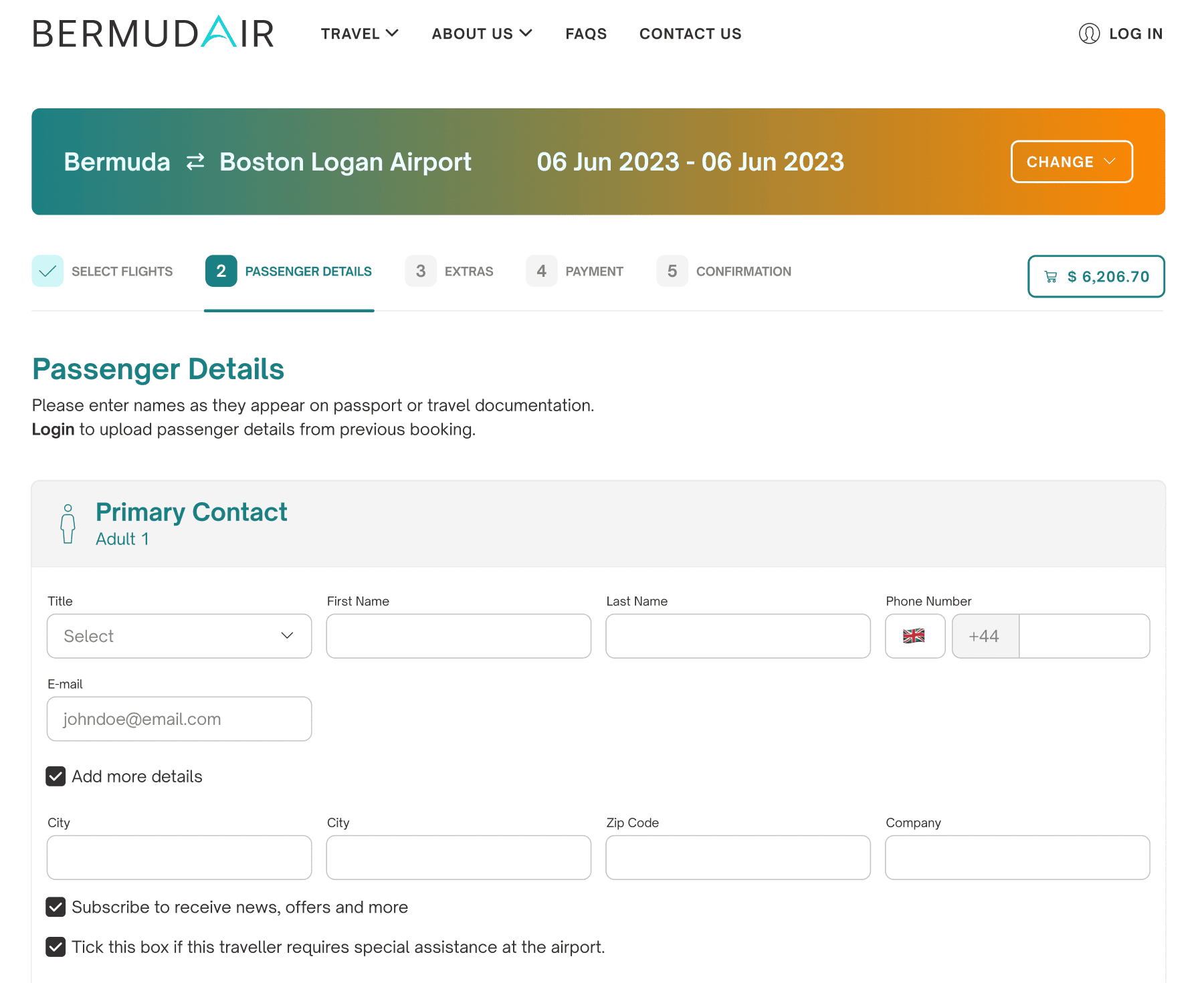 BermudAir booking flow, step 2: passenger details form