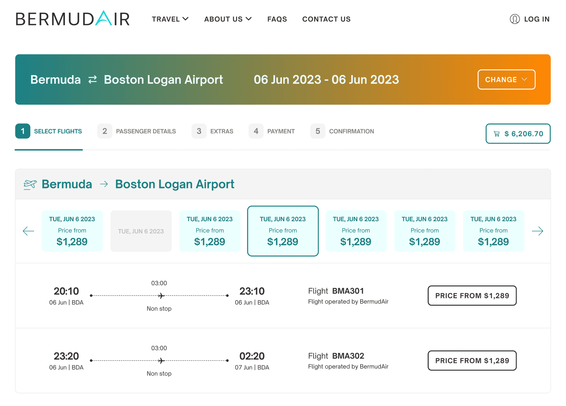 BermudAir booking flow, step 1: select flights, with a date strip and fare options