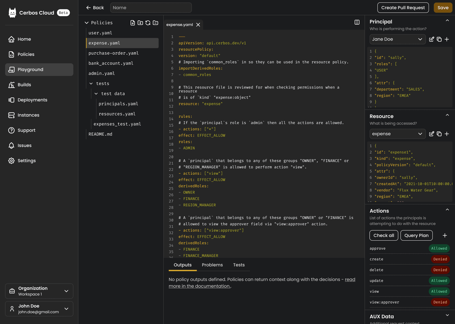 Cerbos Cloud Playground: policy YAML editor with principal, resource, and actions panels