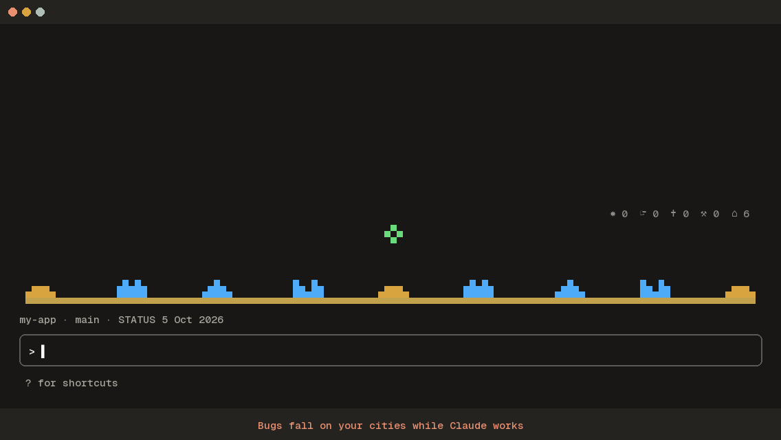 Bug Command in a terminal: bugs fall on six cities, the mouse clicks the sky and a silo shoots one down