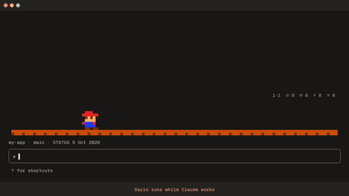 Dario in a terminal: a pixel runner bumps ? blocks for coins, stomps a bug and slides down a flag pole