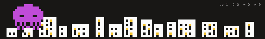 Octo Invader: a pixel octopus in a city the width of the terminal