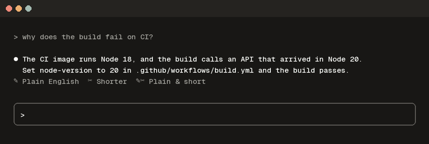 answer-buttons: Plain English, Shorter and Plain and short under Claude's last answer (an example session, rendered from the mod's own output)