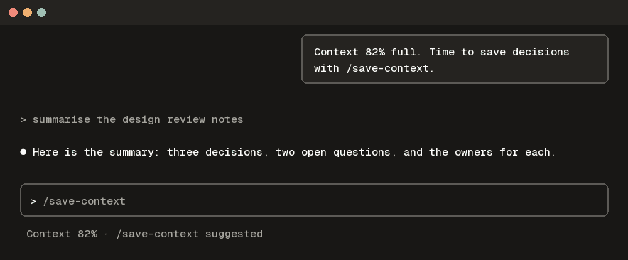 context-alarm at 82 percent: a toast, the status line and /save-context suggested in the prompt box (an example session, rendered from the mod's own output)