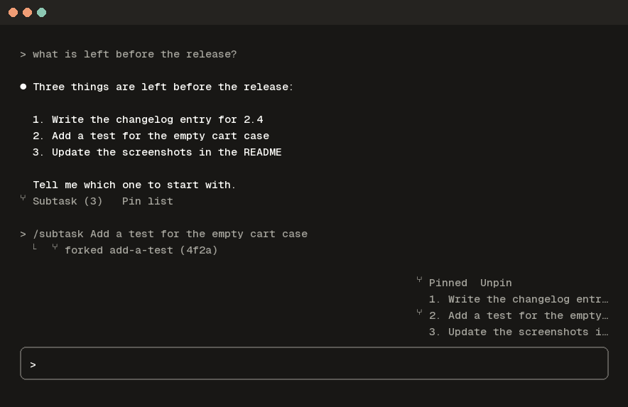 subtask-icons: the Subtask and Pin list buttons under an answer, and the pinned list in a column above the prompt with the sent item marked (an example session, rendered from the mod's own output)