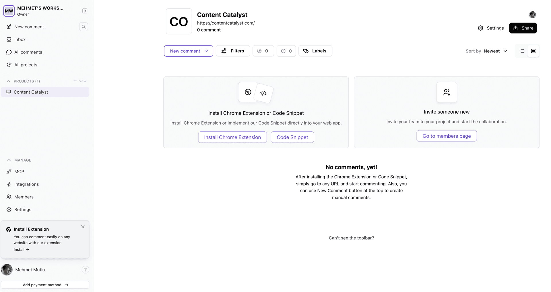 Commented admin dashboard, setting up a new project with the Chrome extension or code snippet
