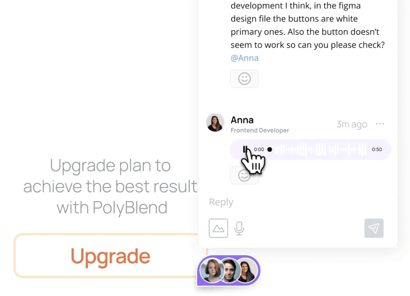 Commented comment thread with an @mention and a voice-note reply from a tagged team member