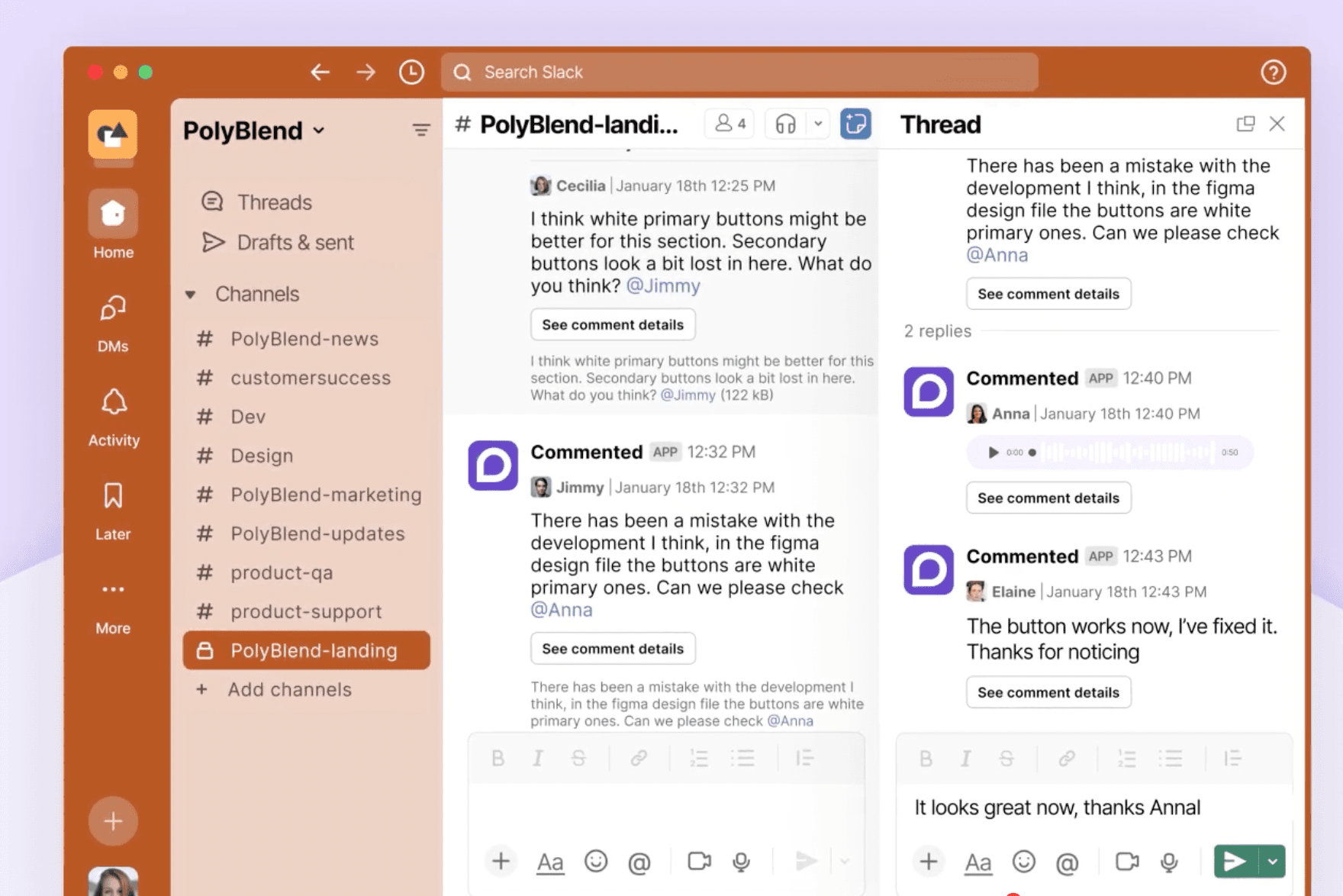 Commented's Slack integration, posting comment threads and replies into a Slack channel