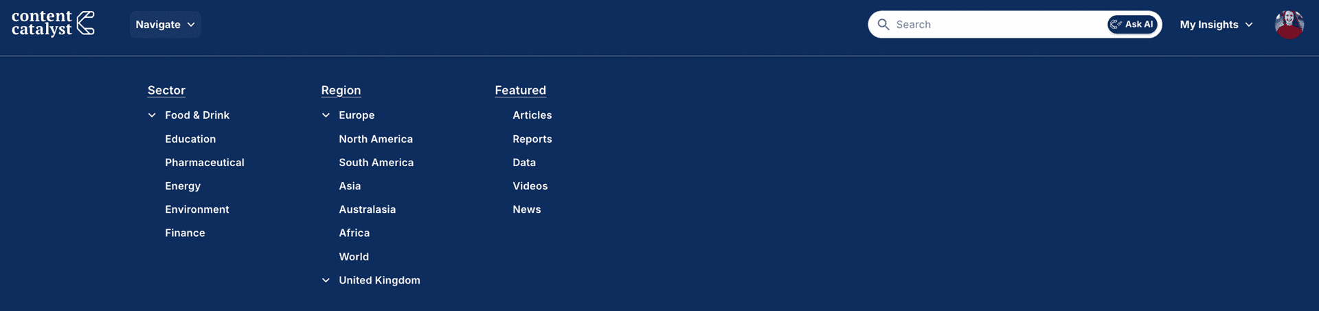 Category Navigator mega menu, showing Sector, Region, and Featured columns
