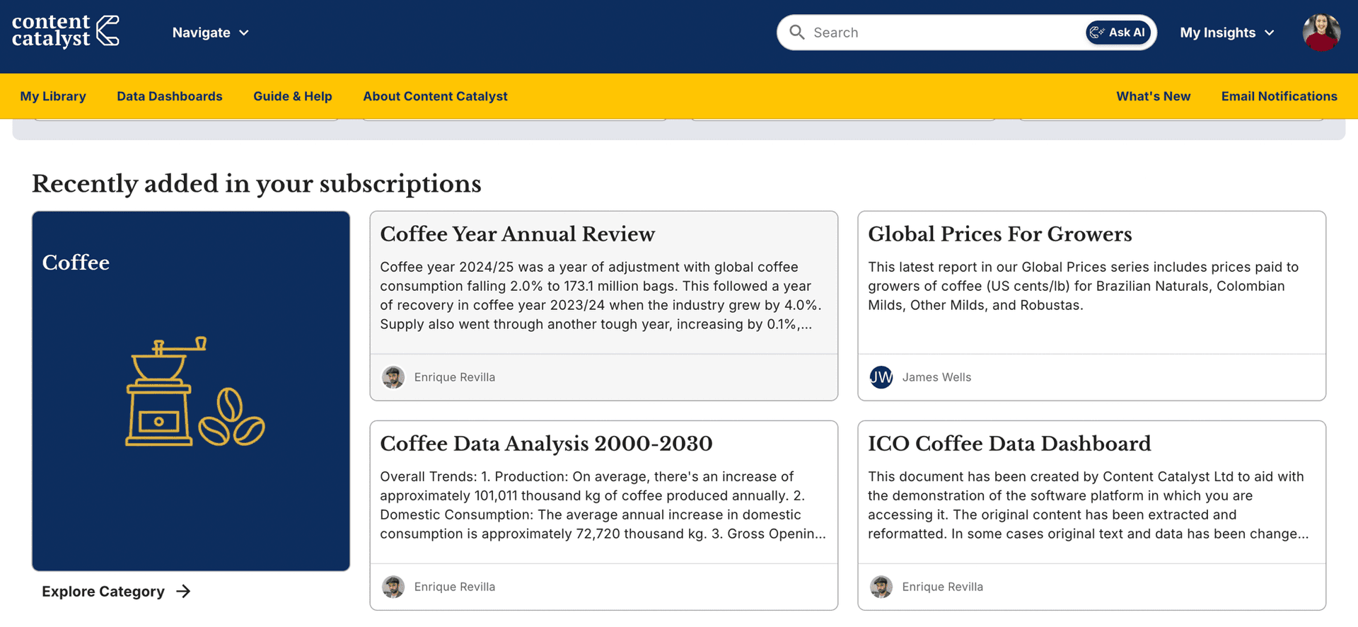 Licensed Content by Category Cover block, showing a Coffee category with recent content