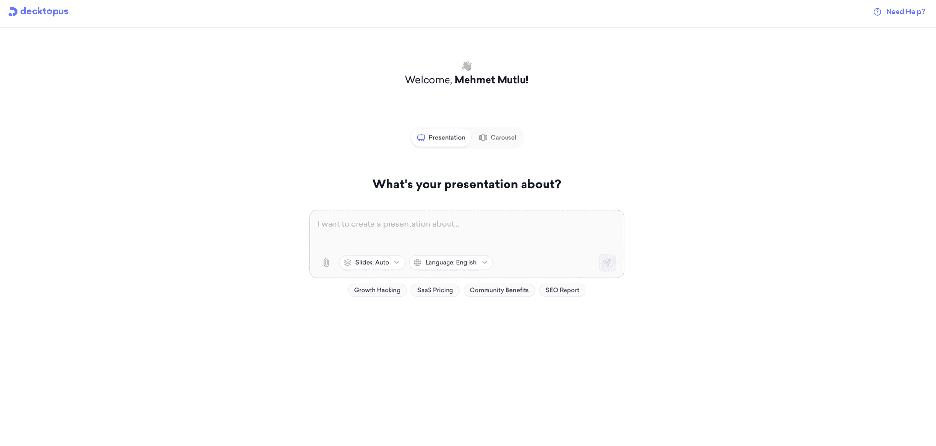 Decktopus AI prompt screen asking what the presentation is about