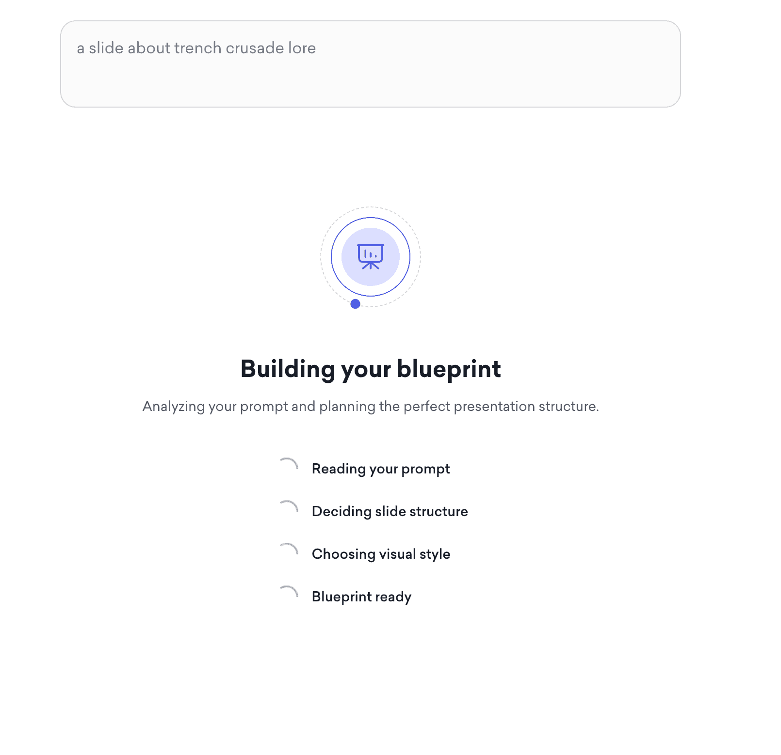 Decktopus AI building a presentation blueprint from a prompt, with progress steps