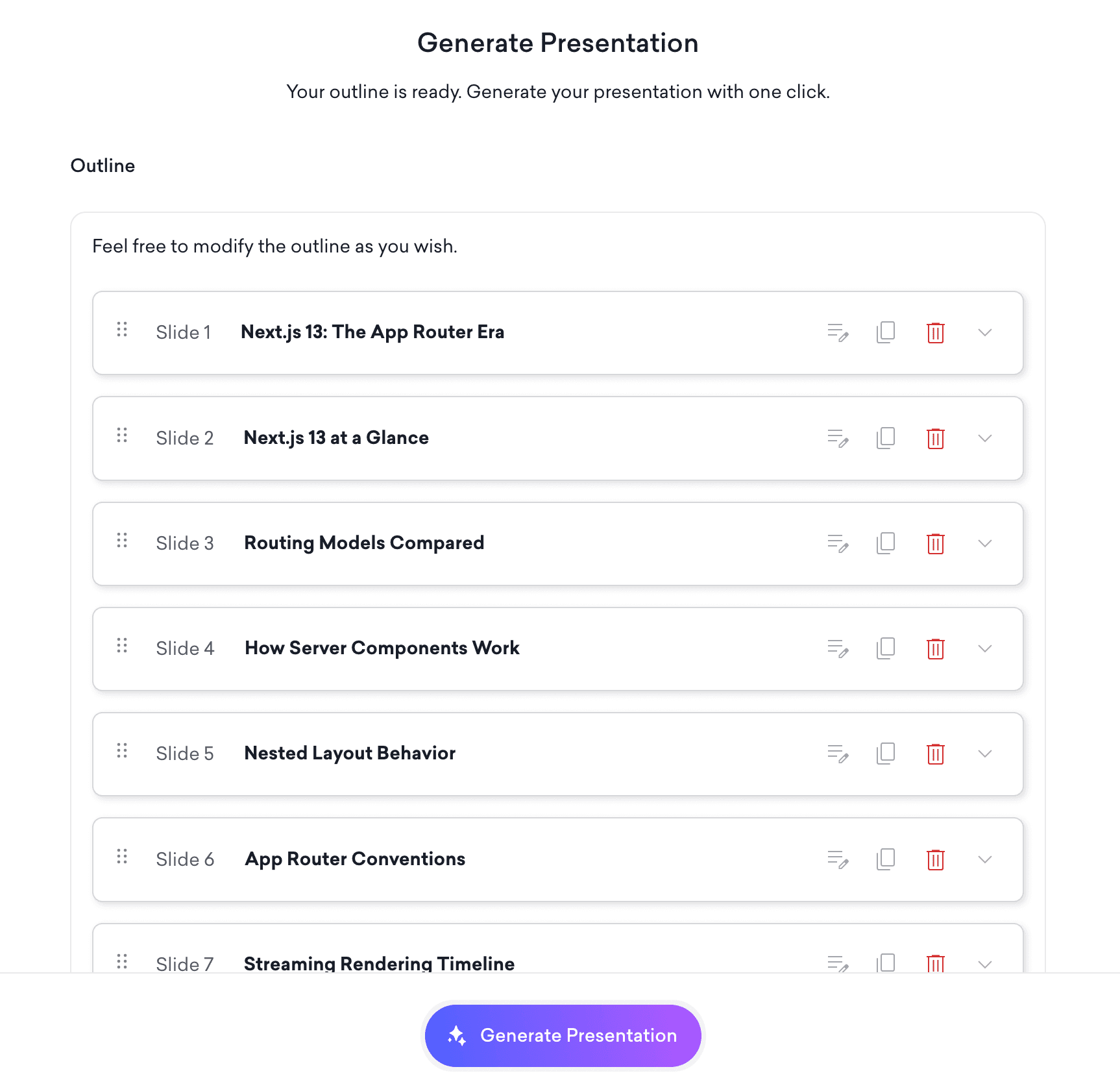 Decktopus generated presentation outline, editable slide by slide before generation