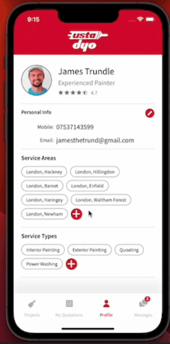 DYO professional profile with service areas and types