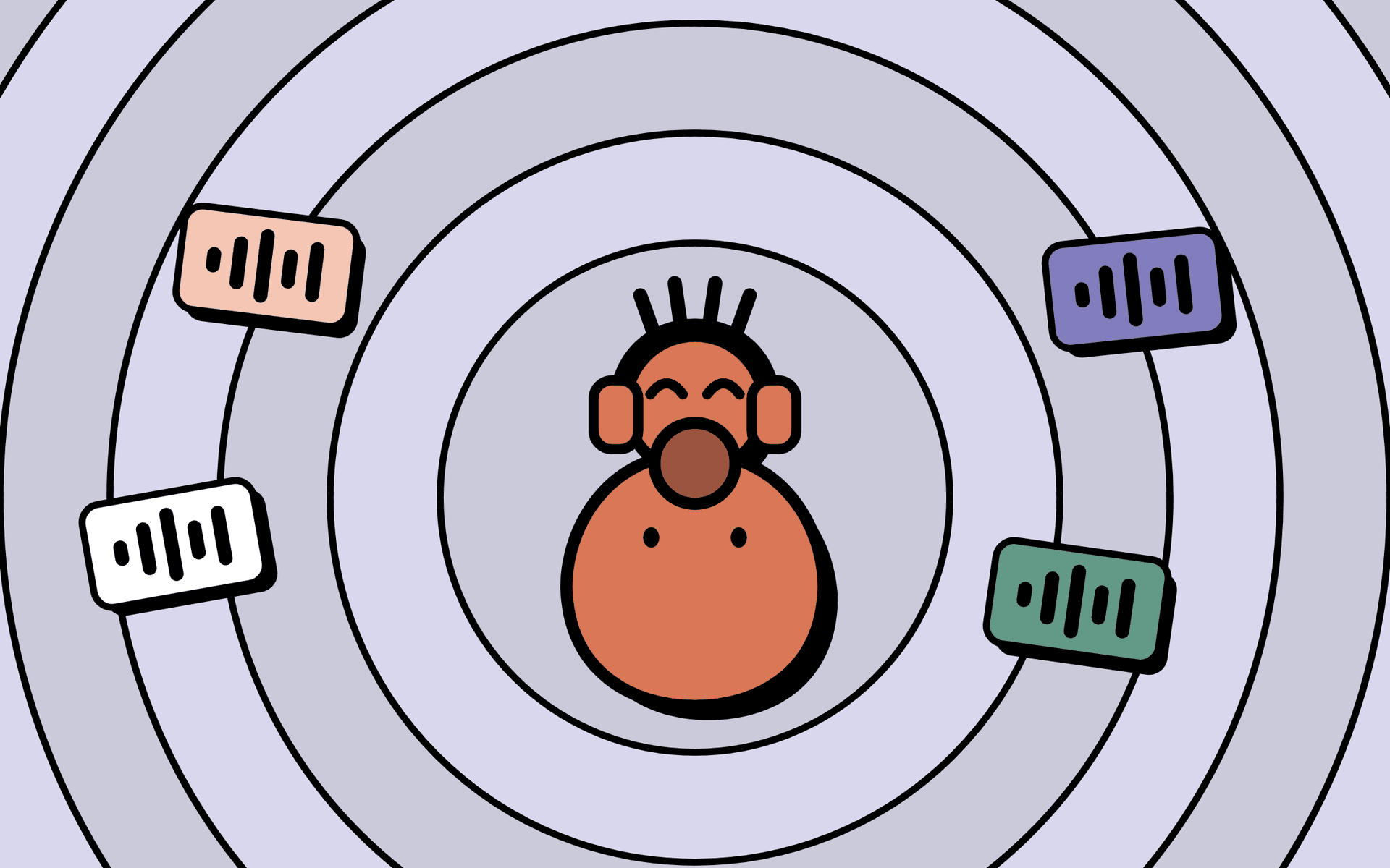 A Fat Invader in headphones in the middle of sound rings, with sound clips floating around