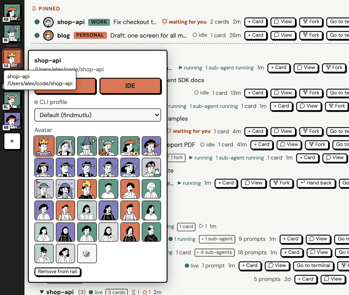 The folder menu in Flamerock with CLI and IDE buttons, the Terminal profile and a grid of avatars to pick from
