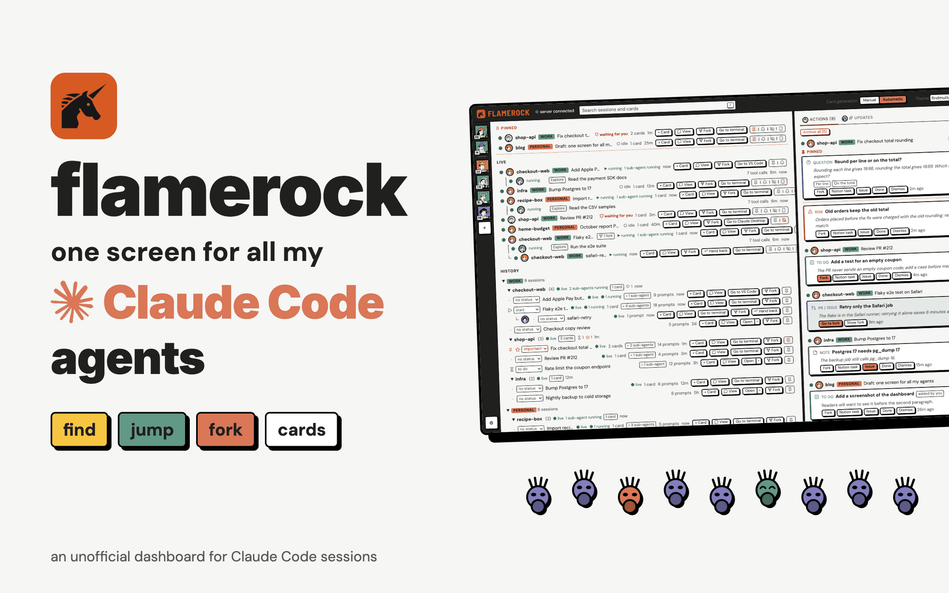 Flamerock: one screen for all my Claude Code agents, next to a screenshot of the app and a row of Fat Invaders