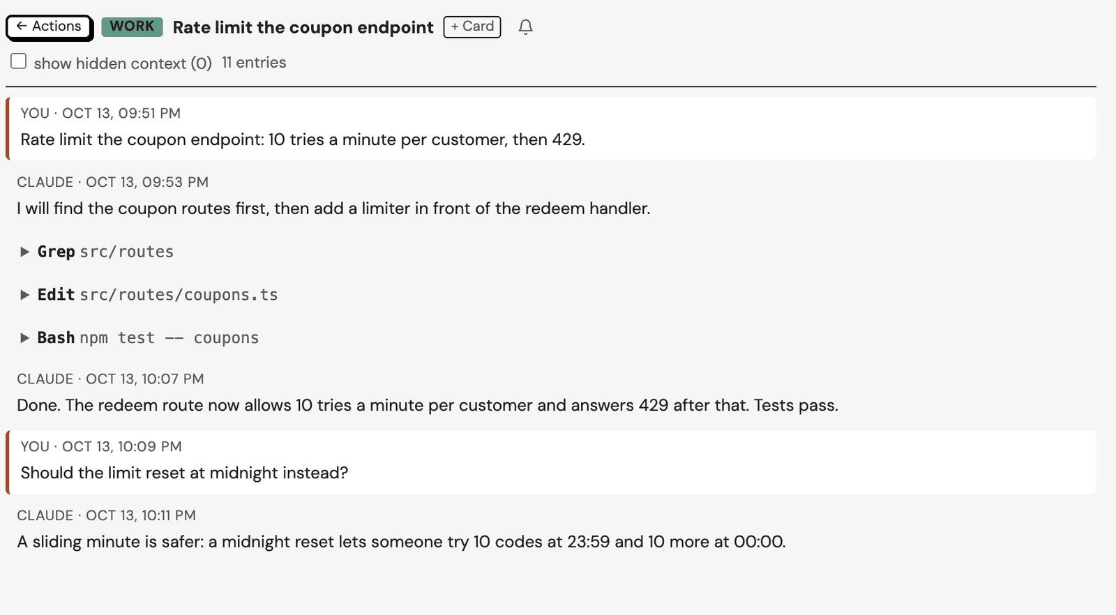 The session detail of a closed session, showing the prompts, Claude's answers and the tool calls