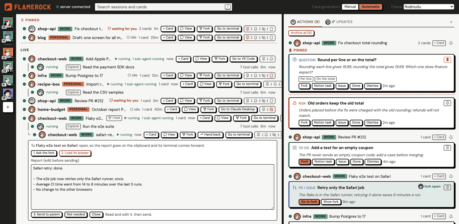 A fork under its parent session, with the hand back form showing the fork's report before it is sent to the parent