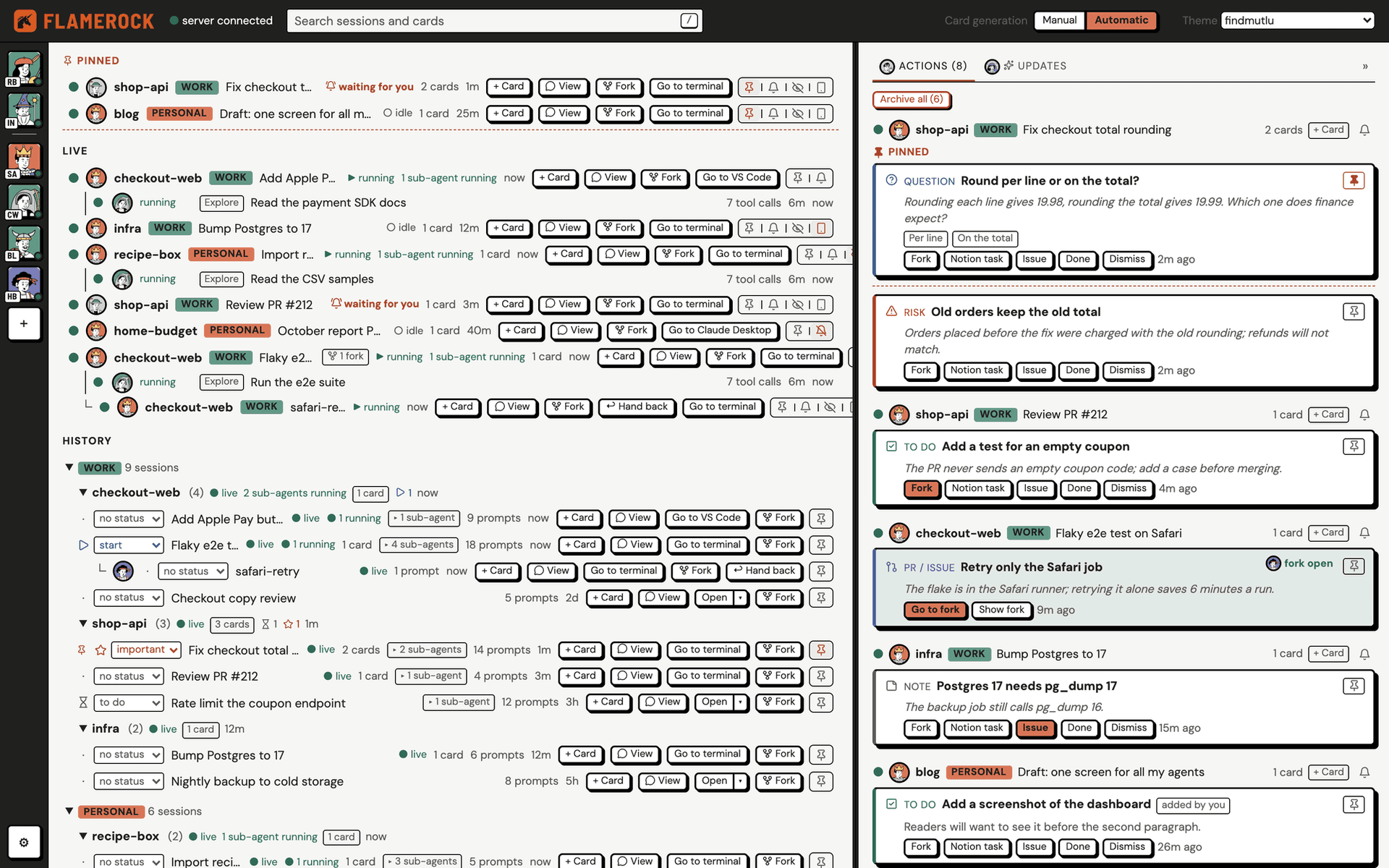 The Flamerock screen with pinned, live and history sessions on the left and action cards on the right