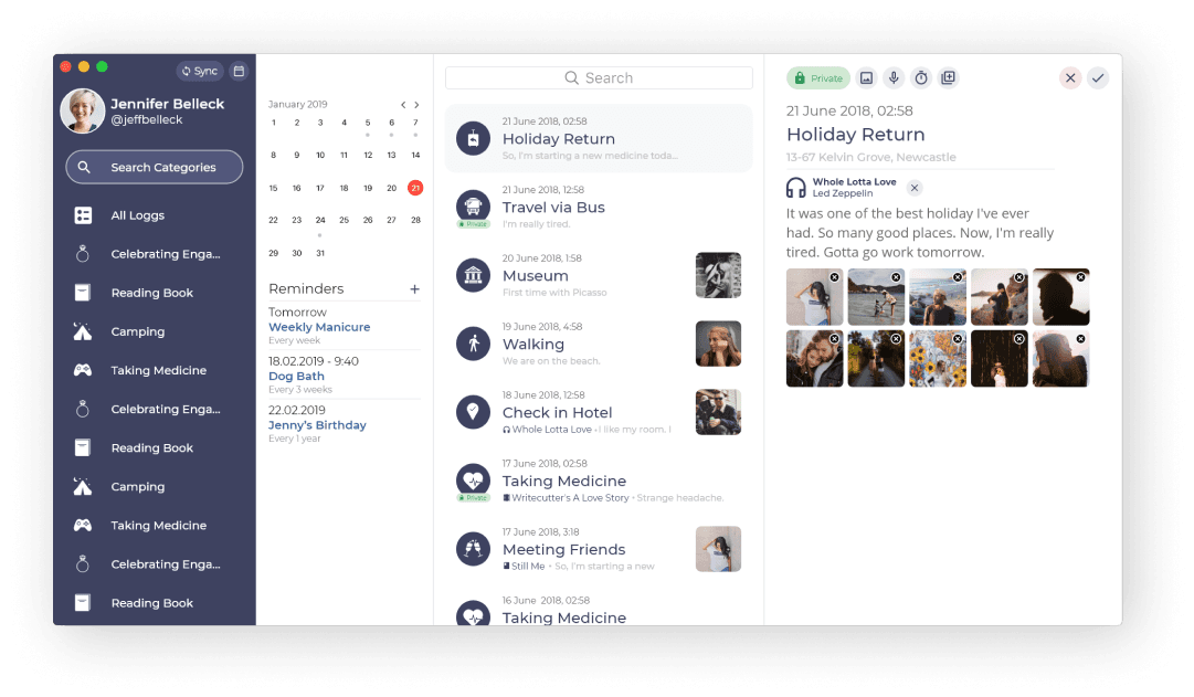 Logg dashboard with calendar and log list