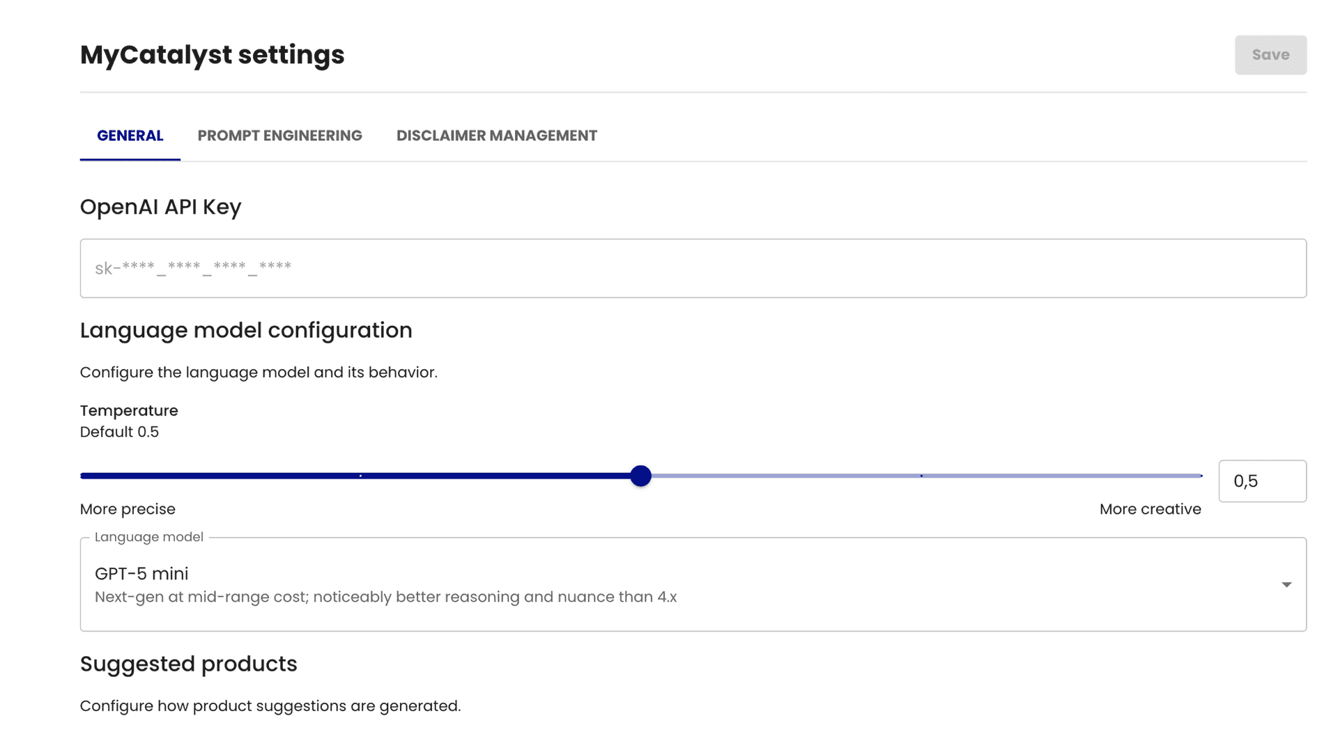 MyCatalyst settings General tab, showing language model and temperature configuration