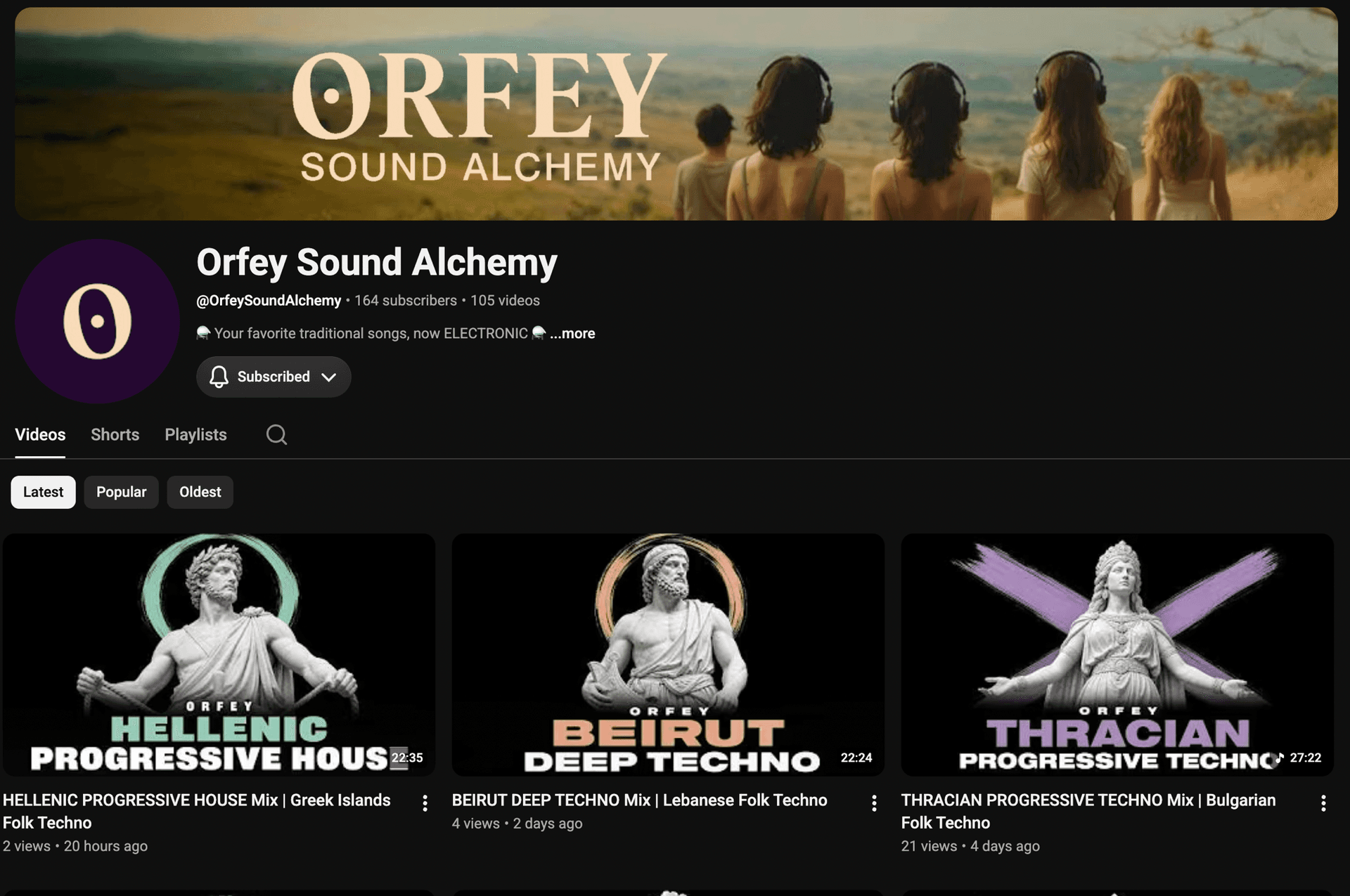 Orfey Sound Alchemy YouTube channel banner and video list