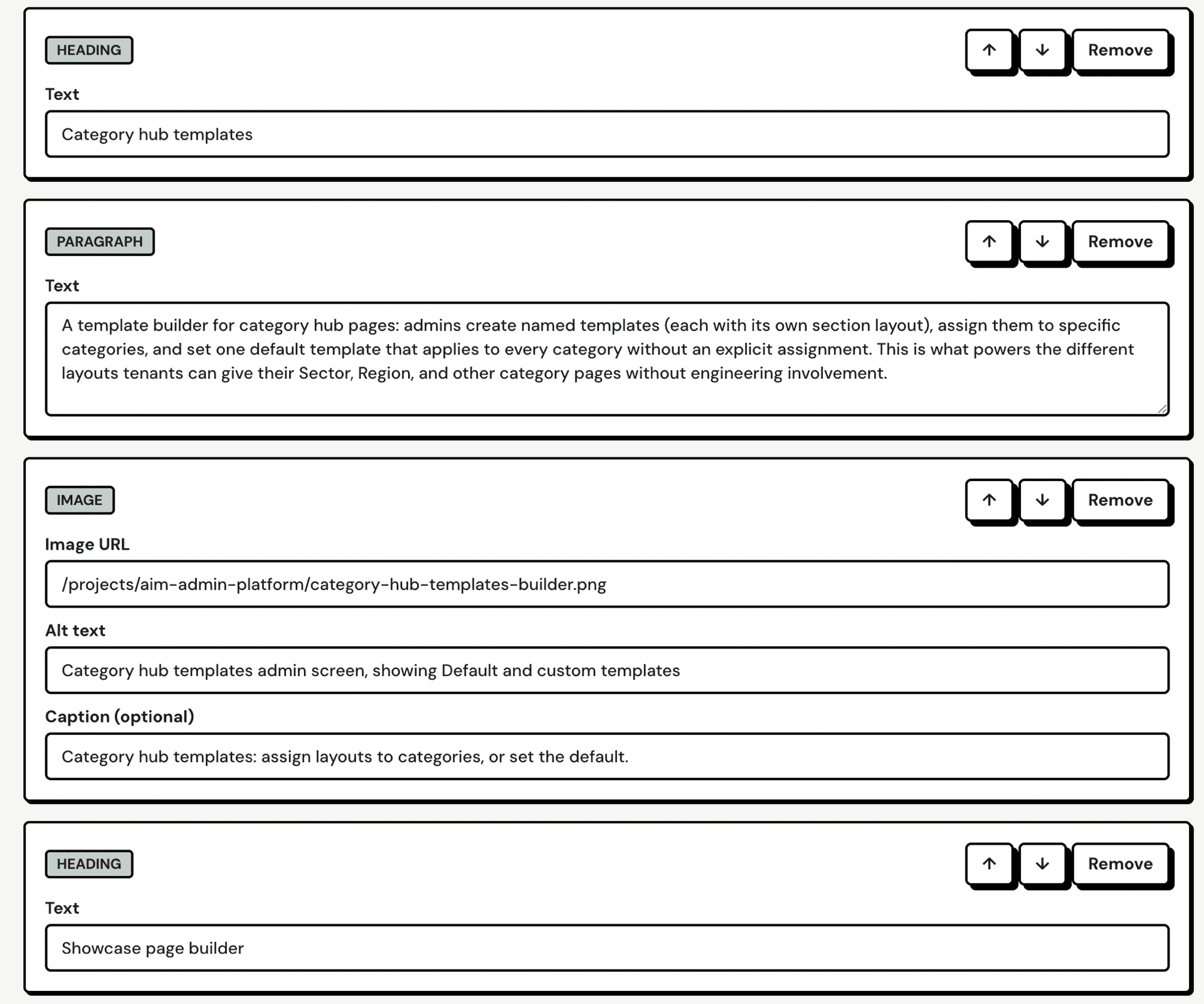 Admin block editor UI showing heading, paragraph, and image blocks with reorder and remove controls