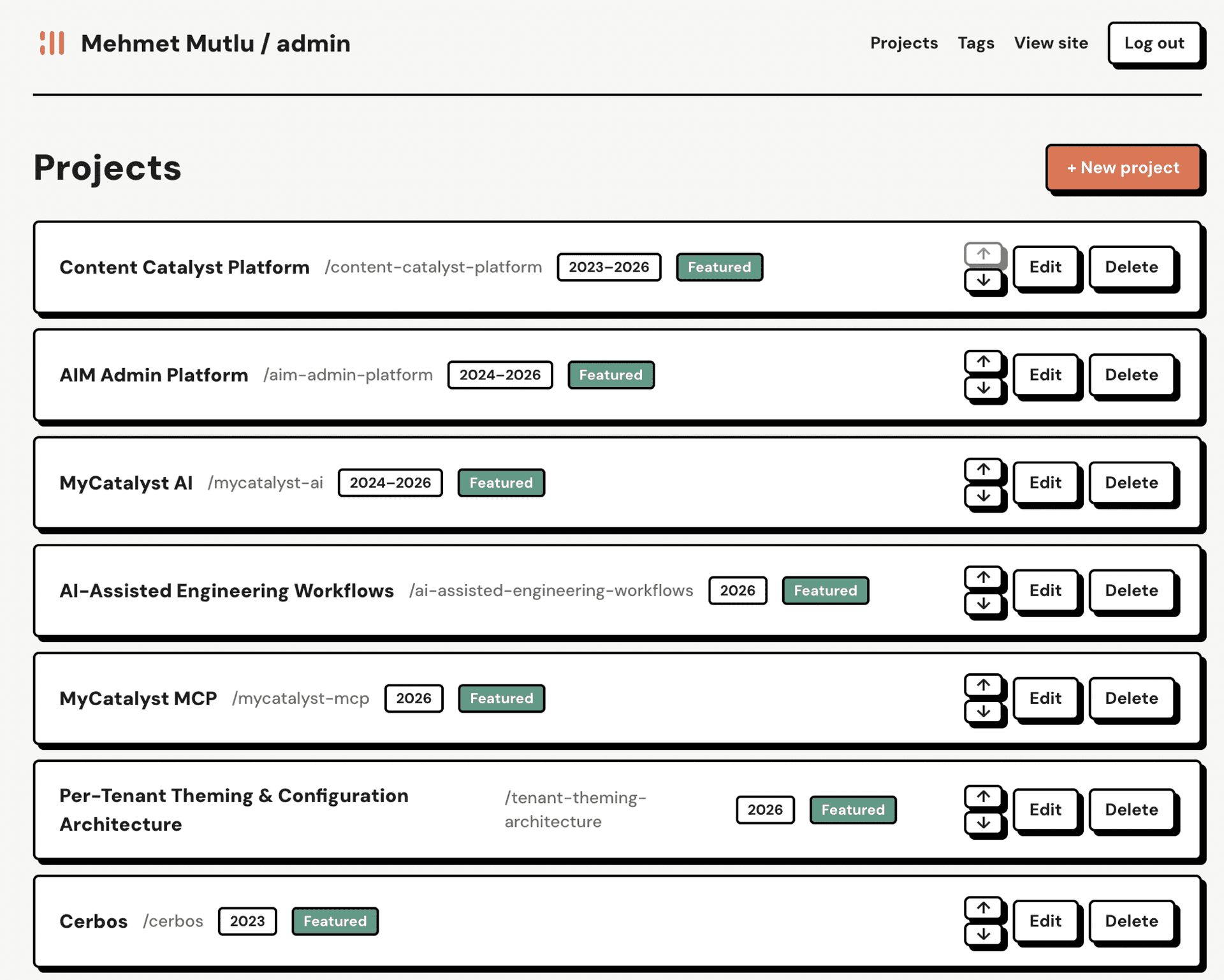 Admin projects list, showing every project with its slug, year badge, featured status, and reorder/edit/delete controls