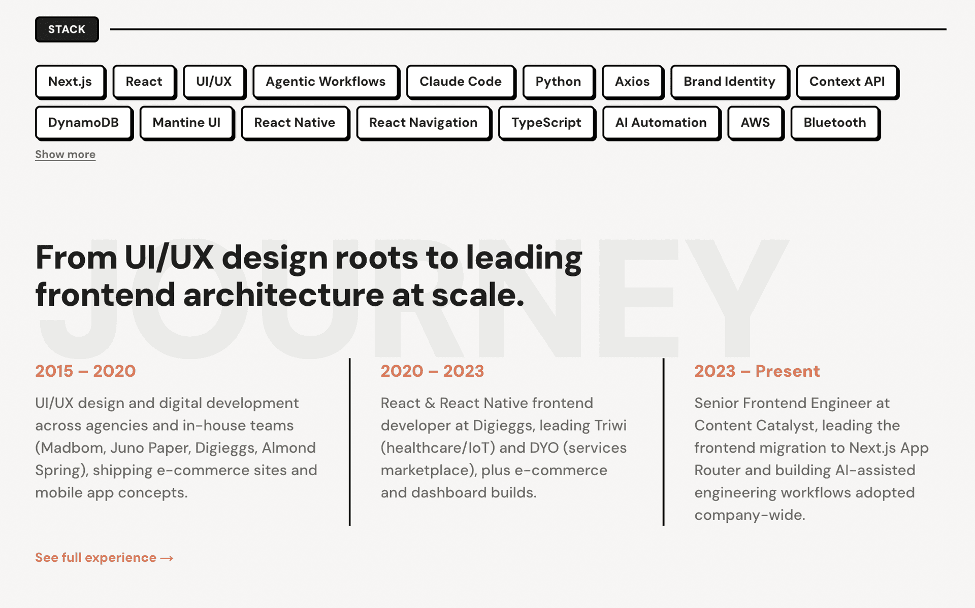 Homepage stack tag cloud and career Journey timeline sections