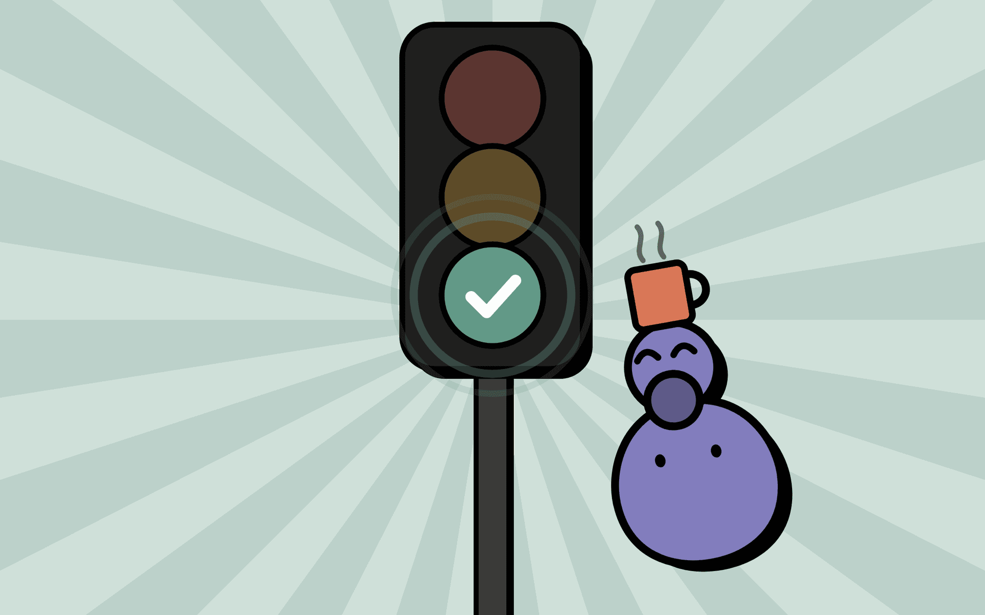 A Fat Invader with a mug on its head leaning on a traffic light that has turned green