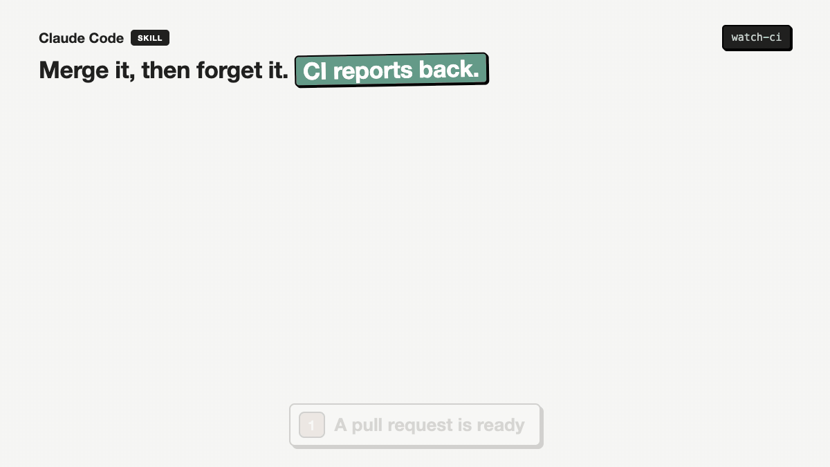 watch-ci: you merge, every check on the commit finishes, the session hears GREEN by itself